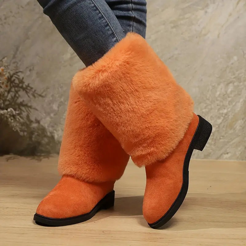 Women's Fashion Mid-Calf Faux Fur Boots - Solid Color Slip-On Comfort Winter Footwear with Plain Toe, Platform Heel, European Special Collection