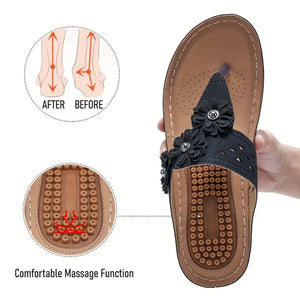 Women's Massage Flip Flops, Flower Decor Arch Support Wedge Slide Sandals, Bohemian Going Out Beach Slide Shoes