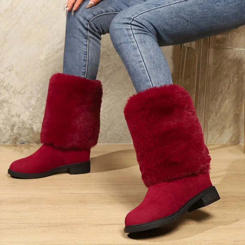 Women's Fashion Mid-Calf Faux Fur Boots - Solid Color Slip-On Comfort Winter Footwear with Plain Toe, Platform Heel, European Special Collection