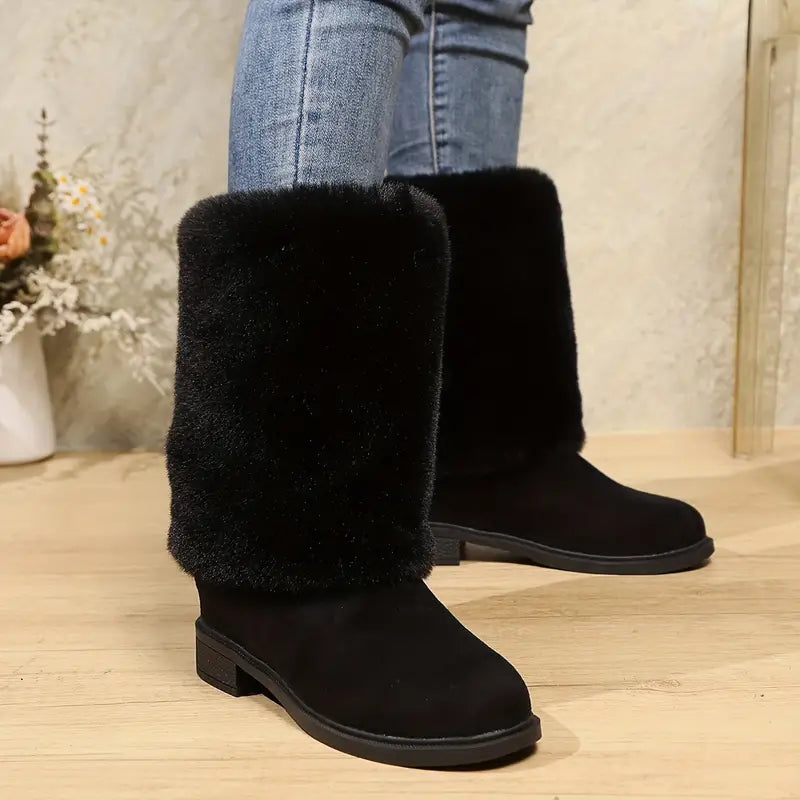 Women's Fashion Mid-Calf Faux Fur Boots - Solid Color Slip-On Comfort Winter Footwear with Plain Toe, Platform Heel, European Special Collection