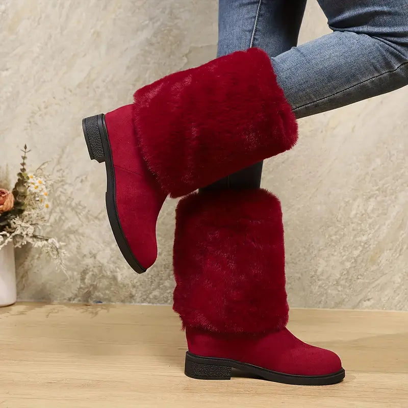 Women's Fashion Mid-Calf Faux Fur Boots - Solid Color Slip-On Comfort Winter Footwear with Plain Toe, Platform Heel, European Special Collection