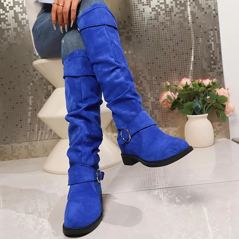 🎄Last day 49% Off❤️ Women's Solid Color Trendy Boots, Buckle Belt Pull On Chunky Heel High Knee Boots, Winter Round Toe Slouchy Boots