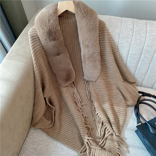 Winter Knit Fringe Fur Collar Shawl