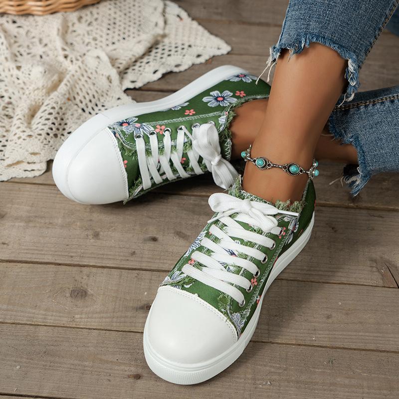 Women's Orthopedic Floral Printed Canvas Shoes, Round Toe Lace Up Low ...