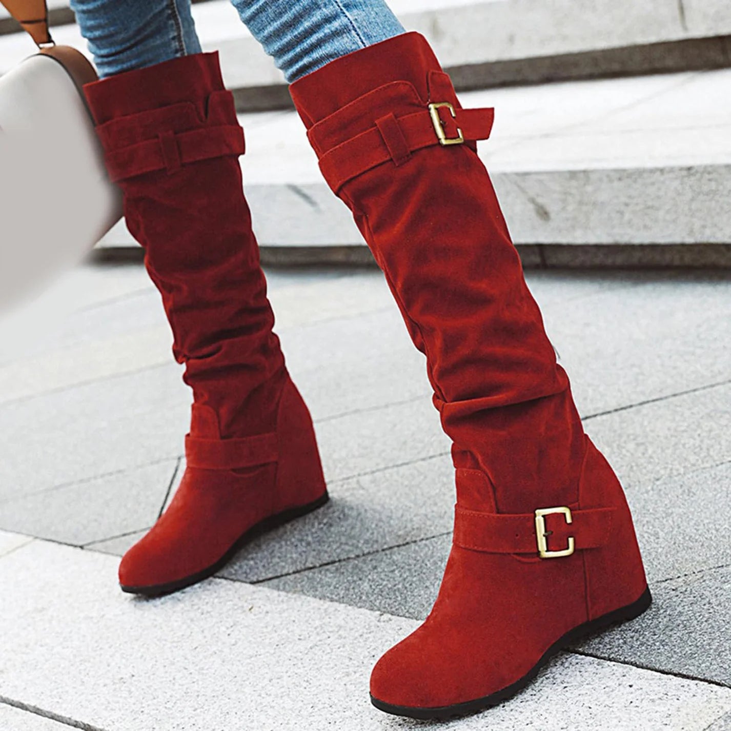 🎄Last day 49% Off❤️ Women's Solid Color Trendy Boots, Buckle Belt Pull On Chunky Heel High Knee Boots, Winter Round Toe Slouchy Boots