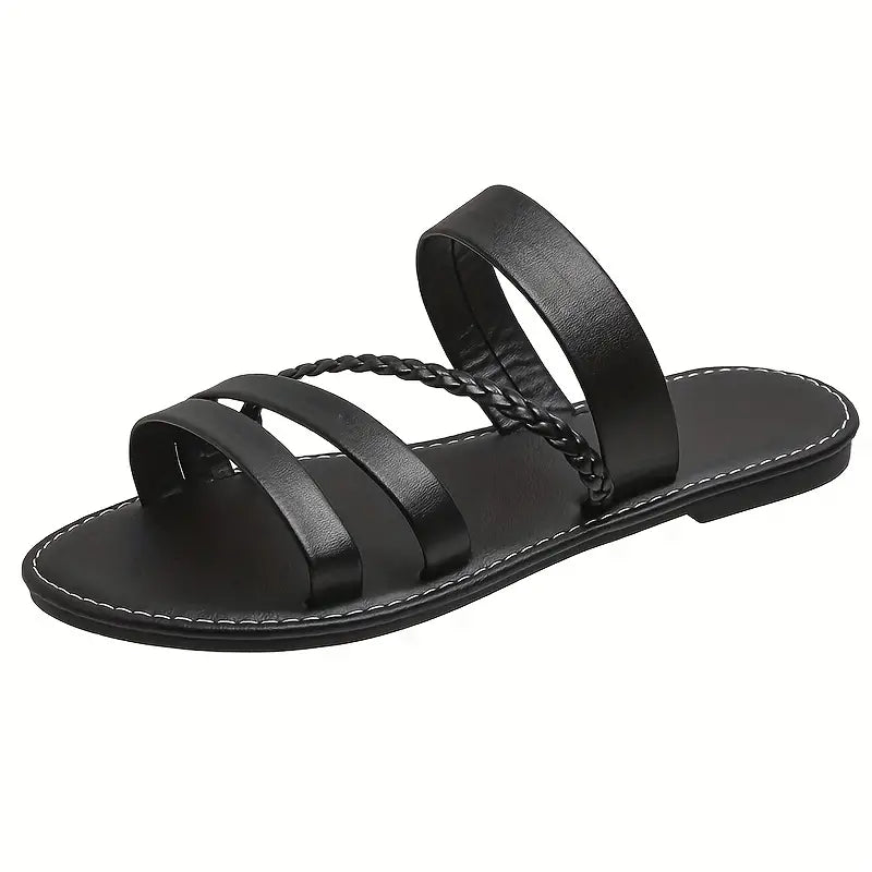 🔥Last Day Promotion 50% OFF🔥Women's Braided Strap Flat Slippers, Black Open Non Slip Slides Shoes