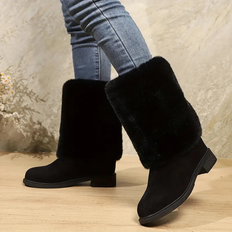 Women's Fashion Mid-Calf Faux Fur Boots - Solid Color Slip-On Comfort Winter Footwear with Plain Toe, Platform Heel, European Special Collection