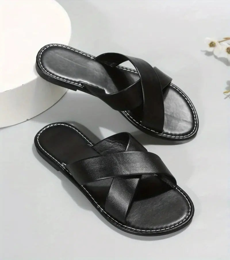 🔥Last Day Promotion 50% OFF🔥Women's Cross Strap Flat Slippers, Solid Color Open Toe Non Slip Slides