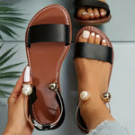 🔥LAST DAY 50% OFF🎁Women's Open Toe Flat Sandals, Faux Pearl Metallic Ankle Strap Slip On Shoes